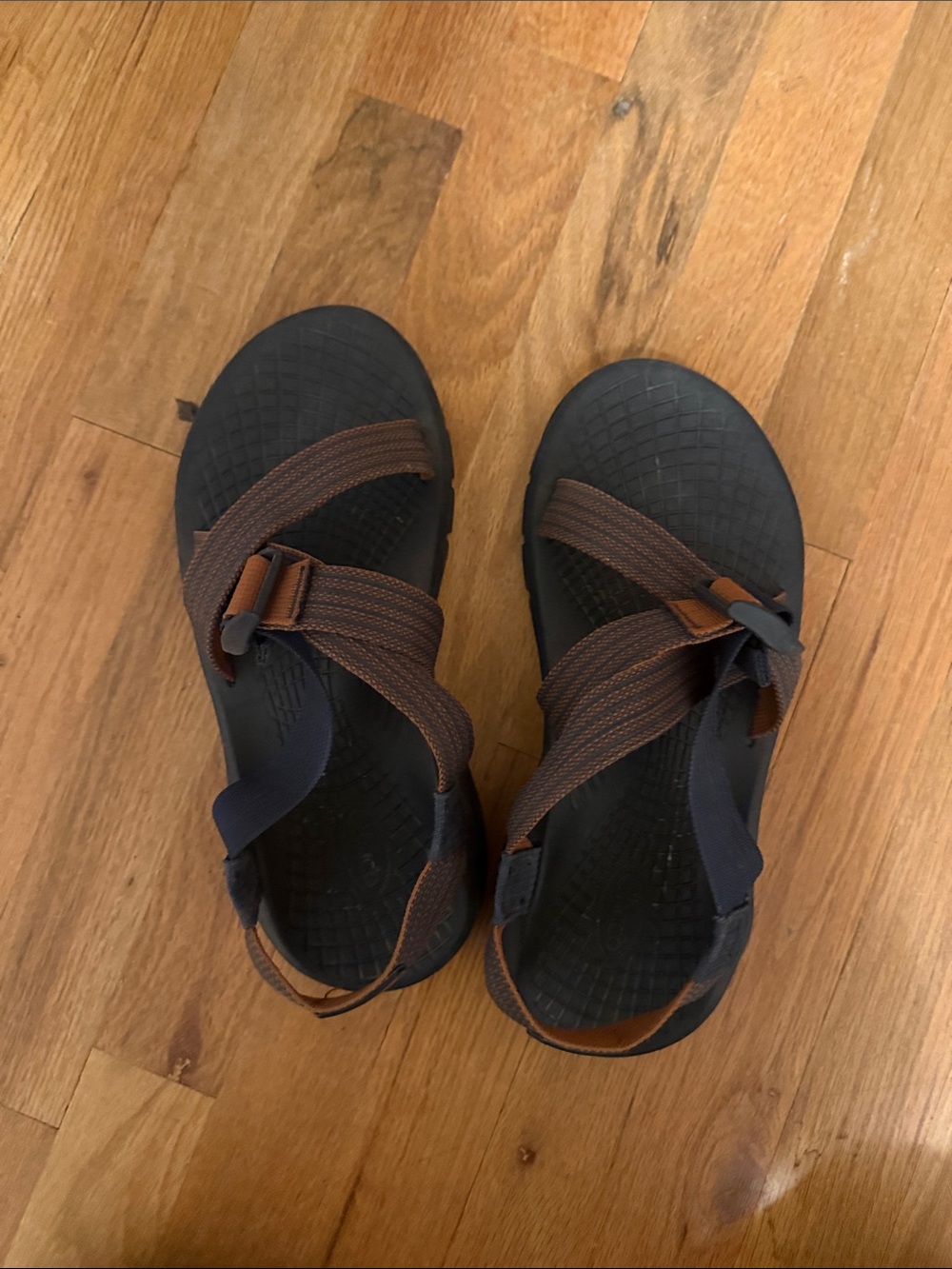 Chaco Men's Black Footbed Sandals with Brown Adjustable Straps